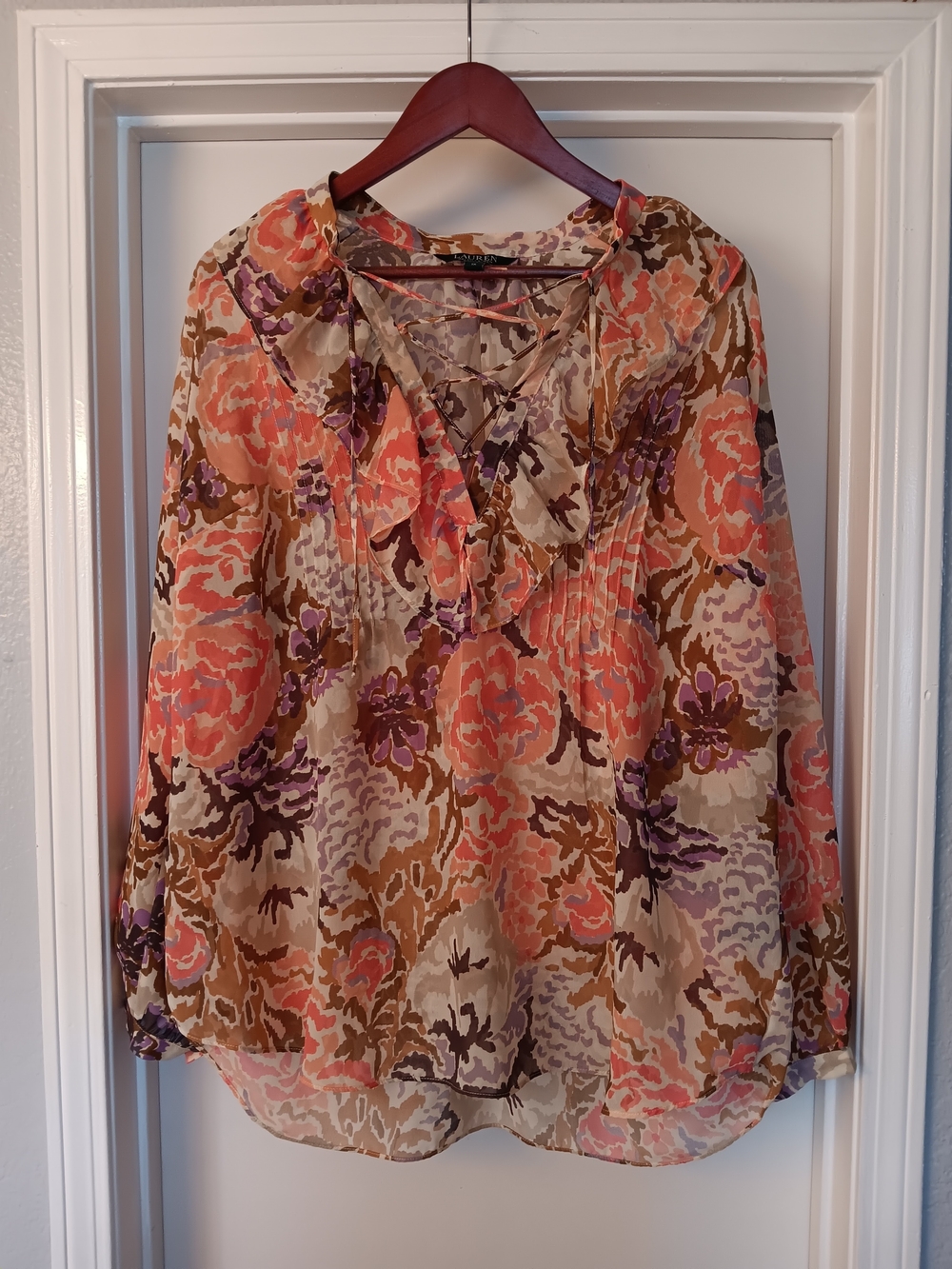 Ralph Lauren Peach, Brown & Purple Floral Front Tie Ruffle Blouse